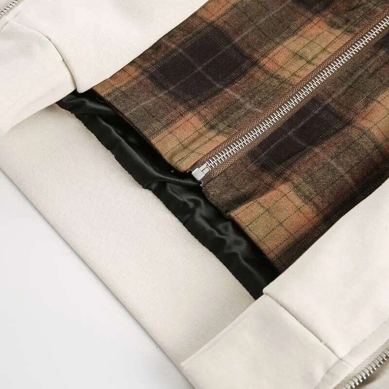 Vintage Hooded Jacket Y2K Plaid Checkered Patchwork Double Zipper Up Coats Haruku Hip Hop Casual Baggy Solid Hoodie Jackets