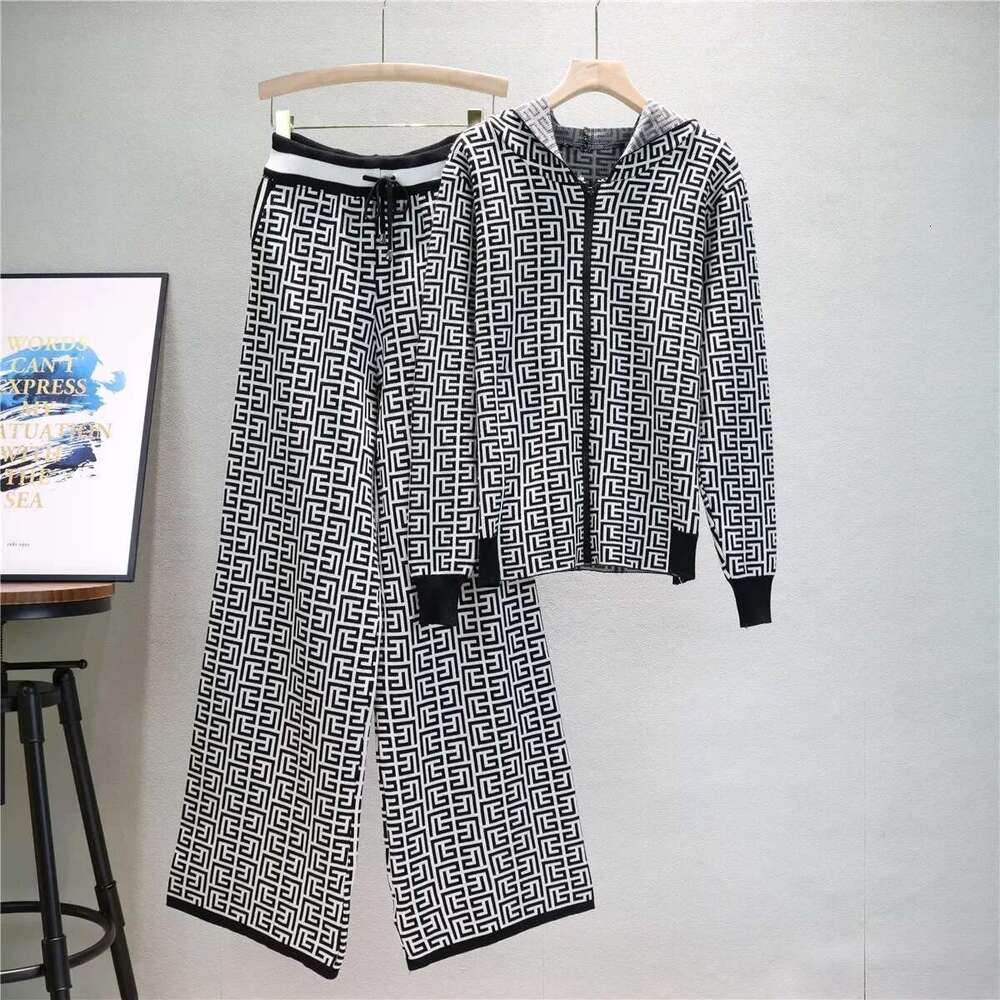 Europe with A Hooded Coat Wide Leg Pants Autumn and Winter Sweater Two Sets of Women's Wear