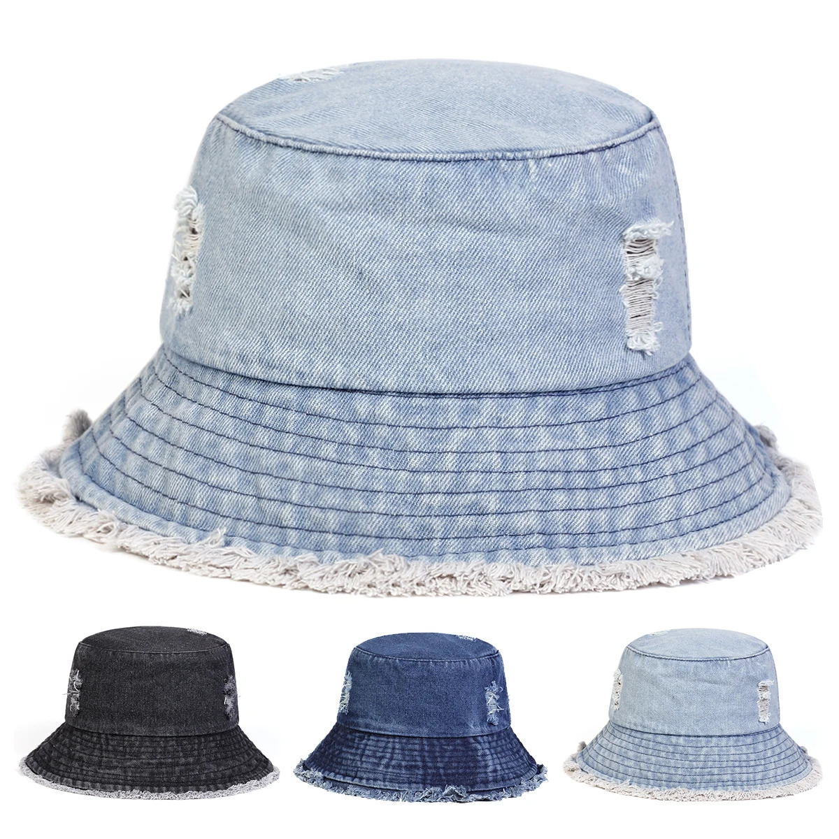 1piece Unisex Vintage Holes Denim Bucket Hat Outdoor Sunscreen Leisure Hat Spring Autumn Travel Tourism Beach Vacation 250605