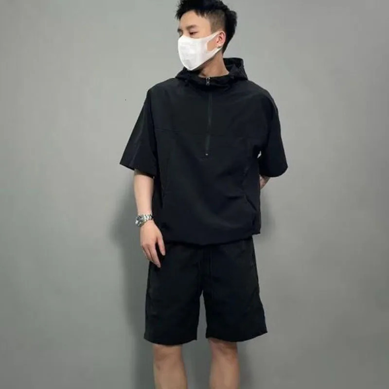 Summer Mens fashion hoodie and shorts 2-piece set loose thin and lightweight workwear outdoor casual sports youth suit 250603