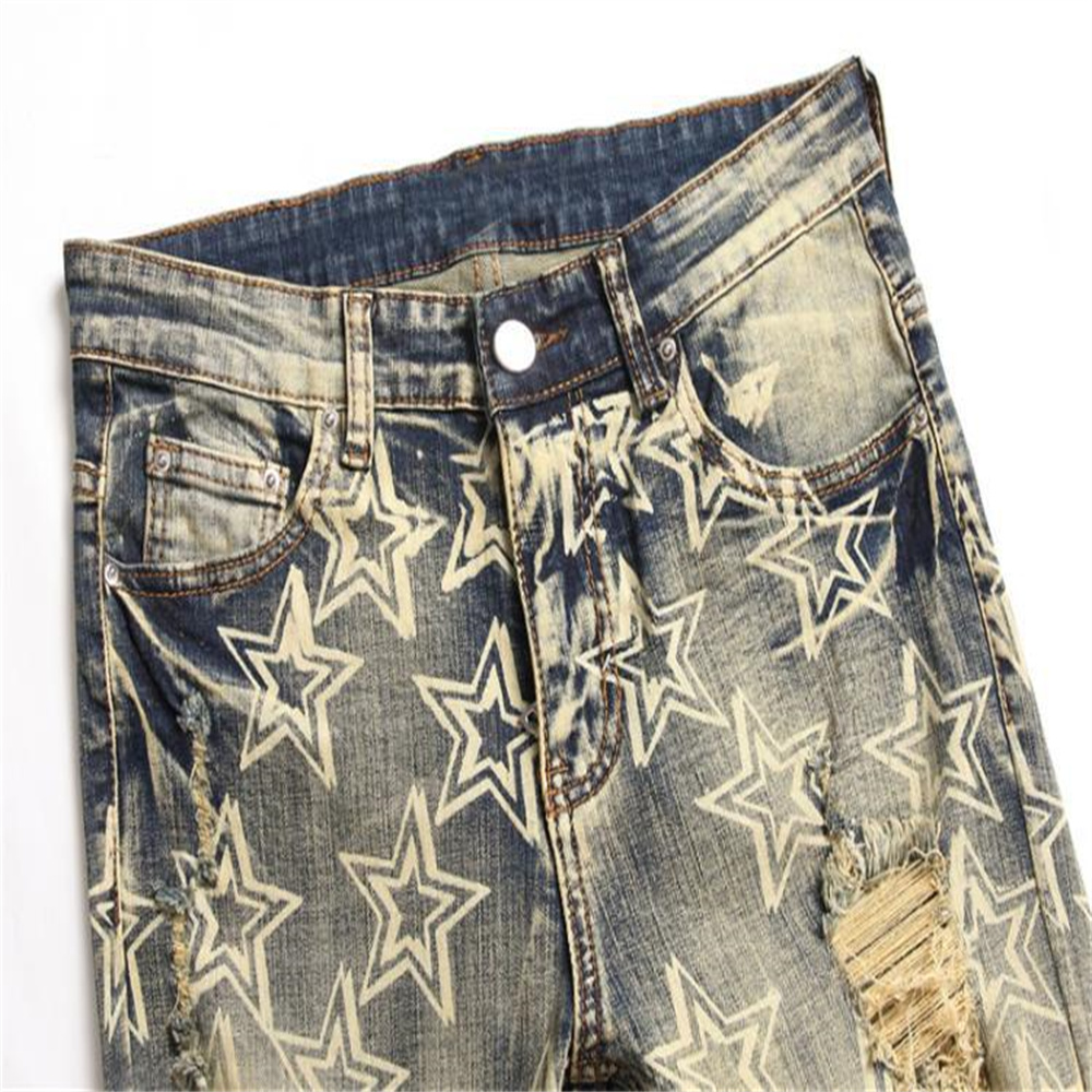new free shipping designer Jeans Embroidered men jeans with knee hole zipper small leg pants large denim pants Durable Stretchy