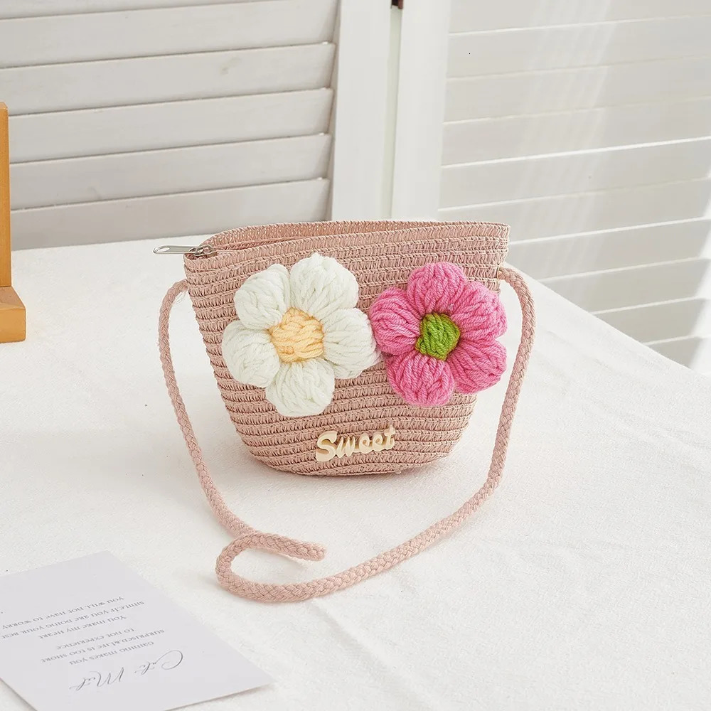 Mini Zipper Flower Straw Bag Summer Beach Coin Purse Po Props Kid Messenger Bags Handmade Woven Storage Basket 250605