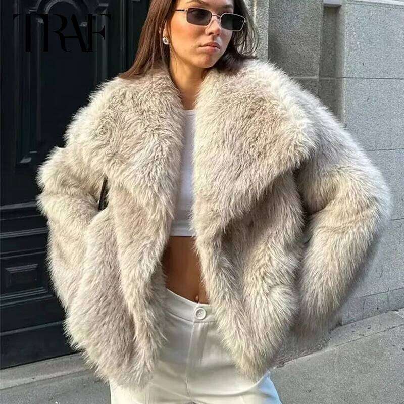 Womens Winter Cropped Faux Fur Coat Women Autumn Long Sleeve Fluffy Black Jacket Outerwears Warm Plush Short Coats