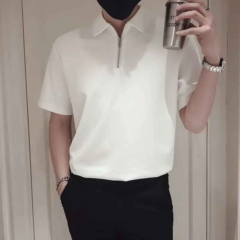 Plain Mens with Collar T-shirt White Black Green Zipper Male Polo Shirts Quick-drying Party Slim Fit Xl Clothes Kpop Tops 250606