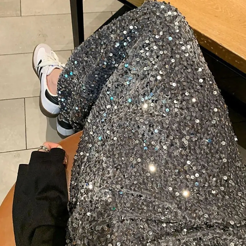 Temperament Jupe Fashion Velvet Black Skirts for Women 2025 Faldas Mujer De Moda High Waist Chic Saia Sequin Bodycon Split Skirt 250529