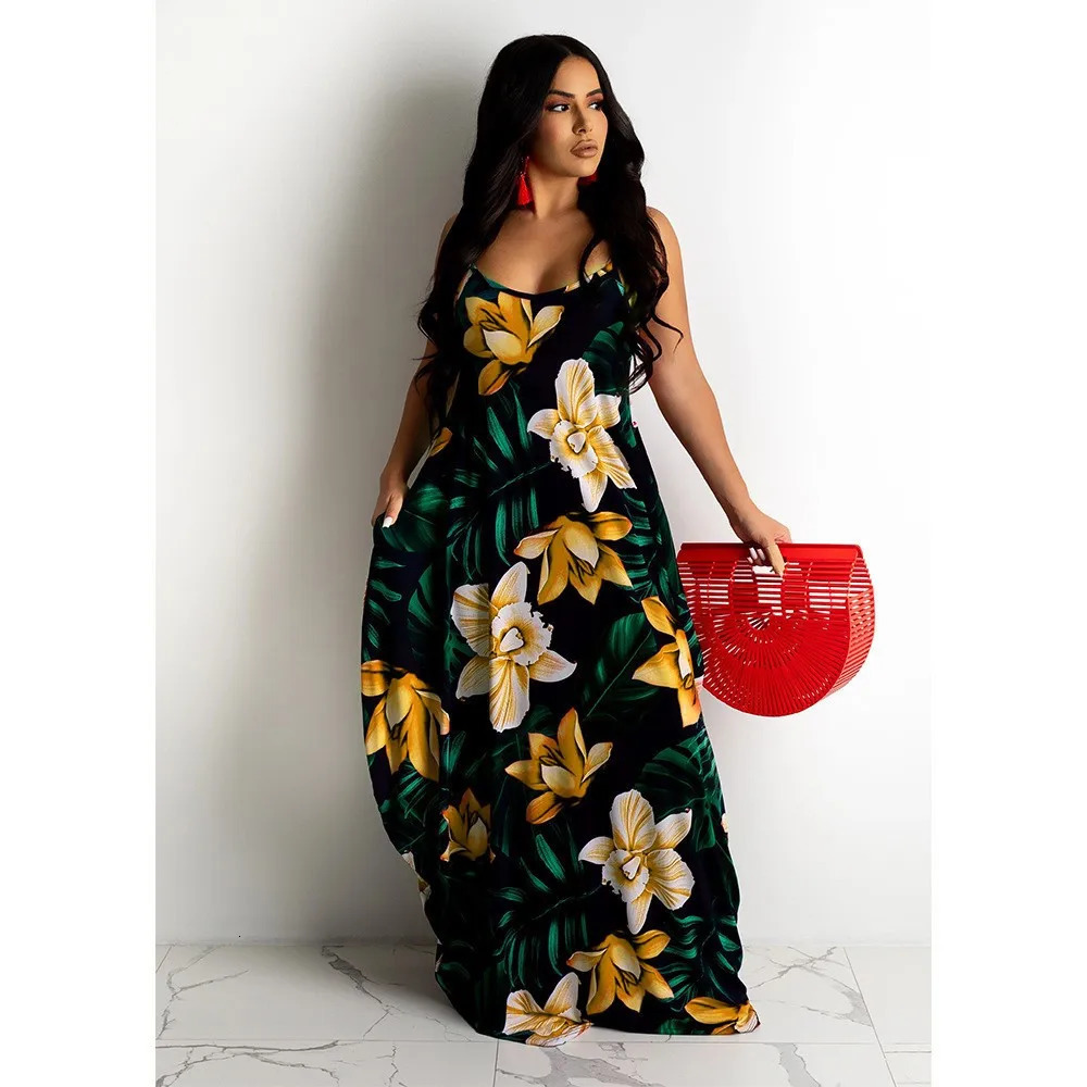 Plus size Europe and the United States crossborder plus summer station flower print loose slip dress long skirt 250526