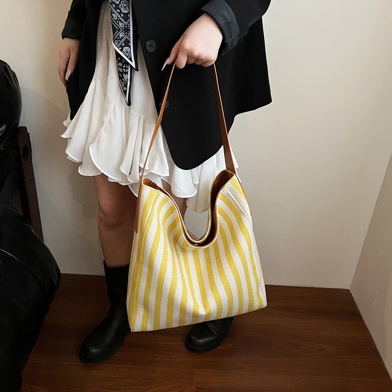 designer Casual Style Canvas Bag for Women Large Capacity Bag 2025 New Summer Striped Color Block Shoulder Tote Handbag
