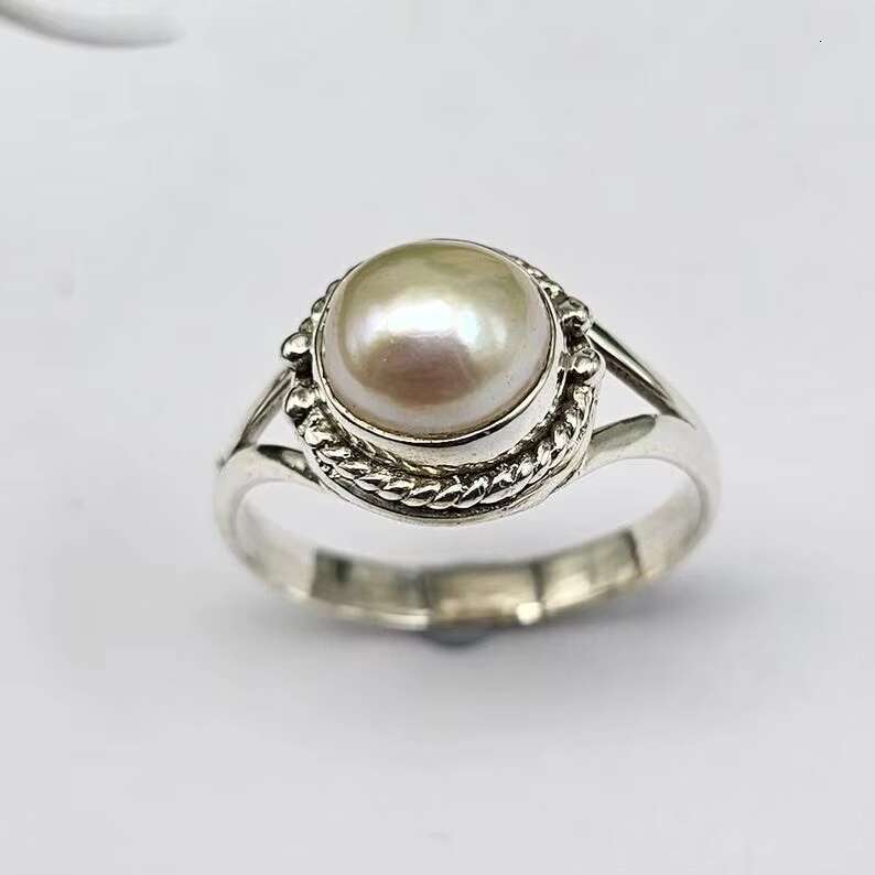 Natural Freshwater Pearl Ring 925 Sterling Silver Ring White Pearl Statement Boho Ring Handmade Pearl Round