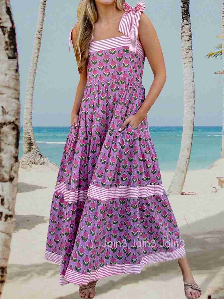 Elegant Maxi Dress with Boho Floral Print and Adjustable Tie-up Straps Sleeveless Summer Fashion Cami Dress for Women