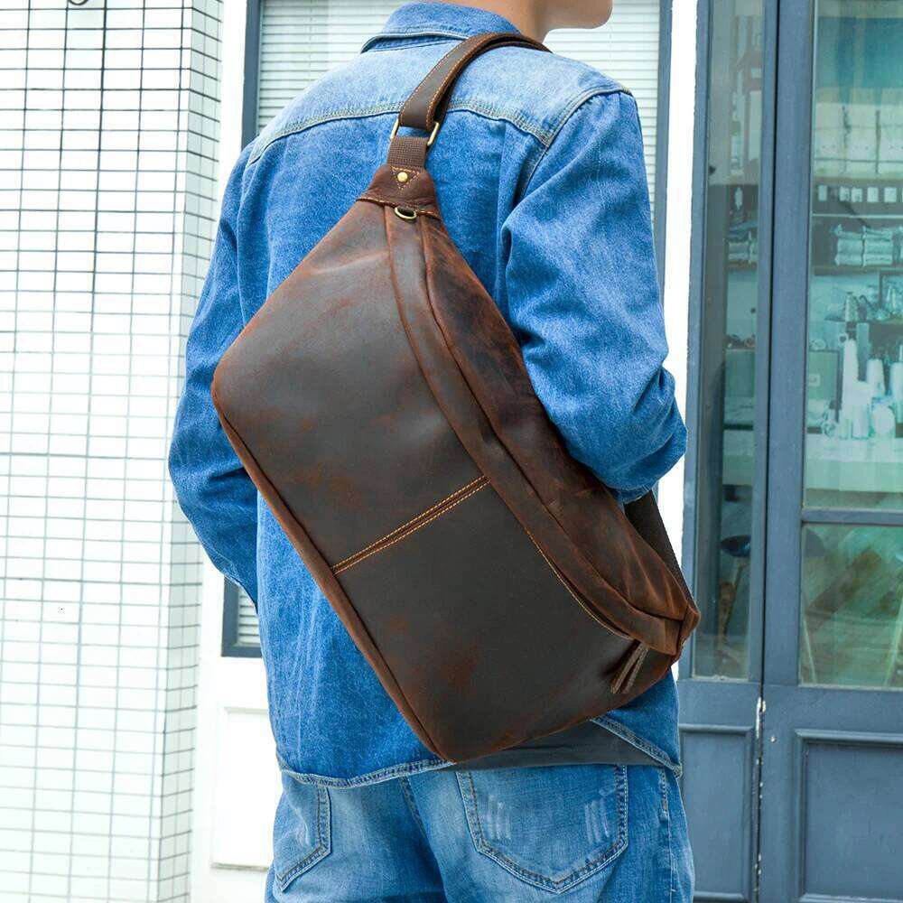 WESTAL Crazy Horse Leather Chest For Men Large Capacity Fanny Waist Packs Hip Bag Sling Side Pouch Outdoors Sports Riding