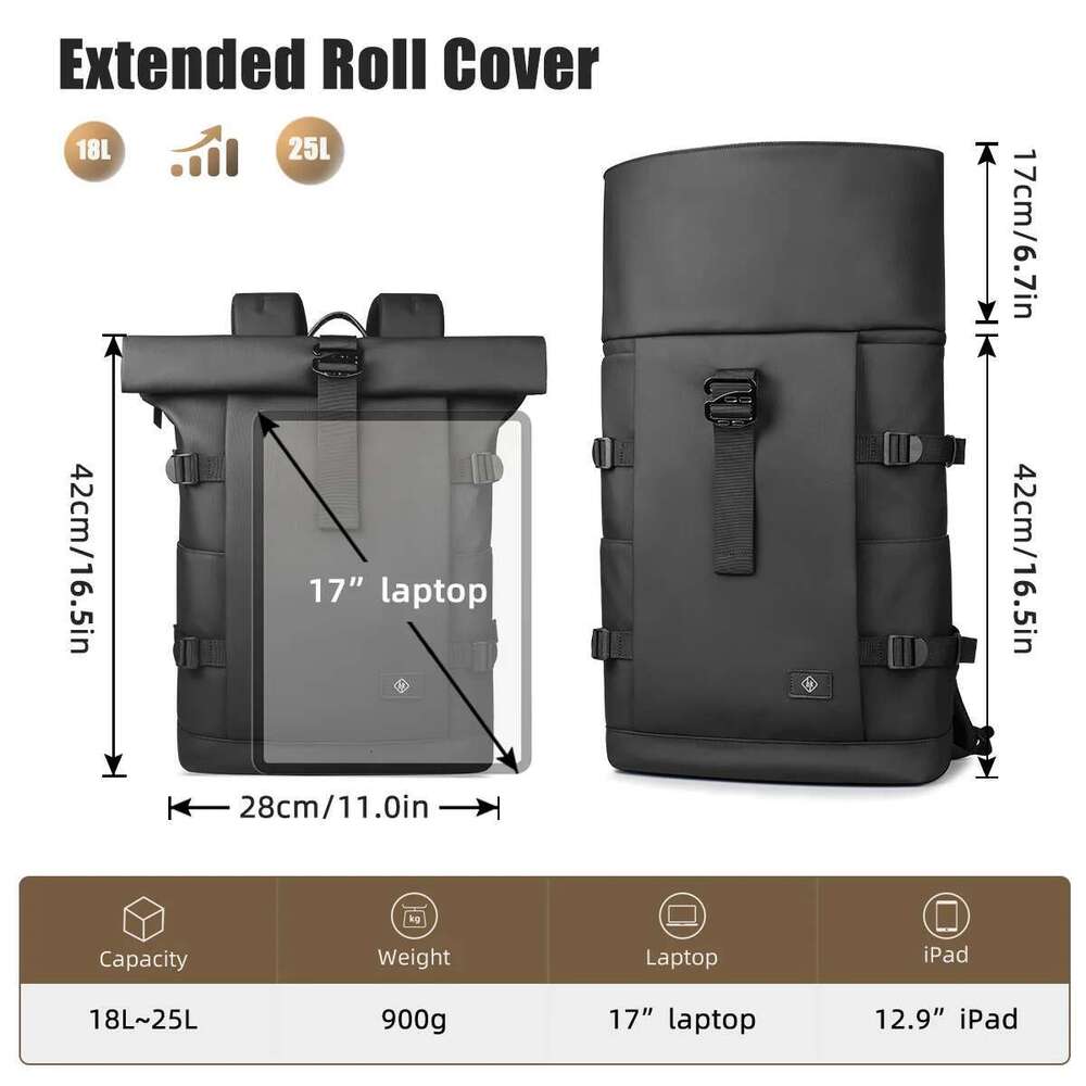 Hcankcan Large Capacity Men Waterproof 17'' Laptop Bag Casual Travel Outdoor Camping Expandable Work Backpack