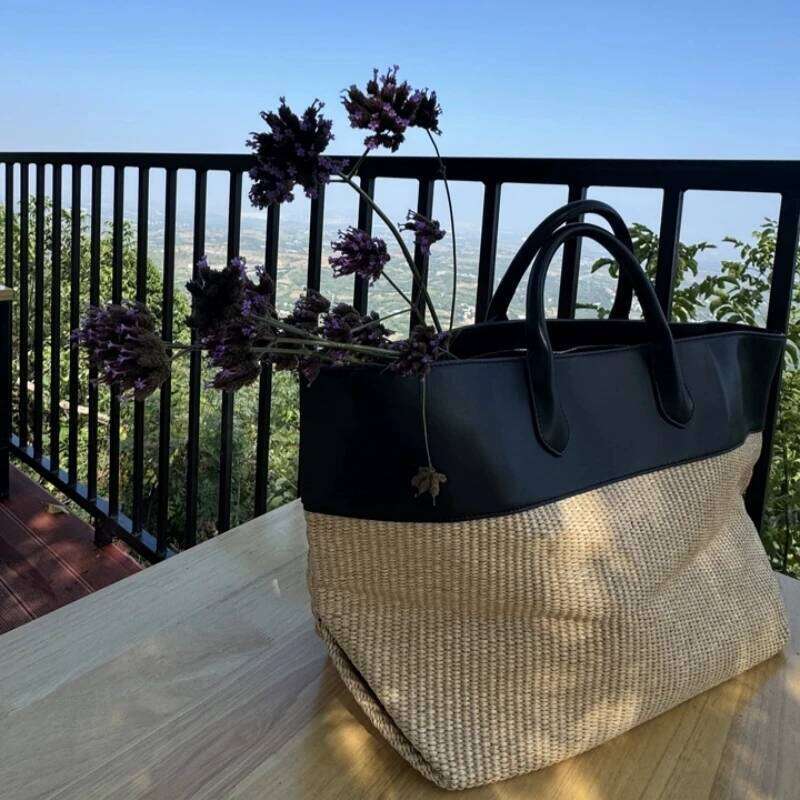 Meet You New Summer Woven Beach Straw Pu Leather Splice Women's Large Capacity Tote Bag Seaside Holiday Vacation Handbag2025