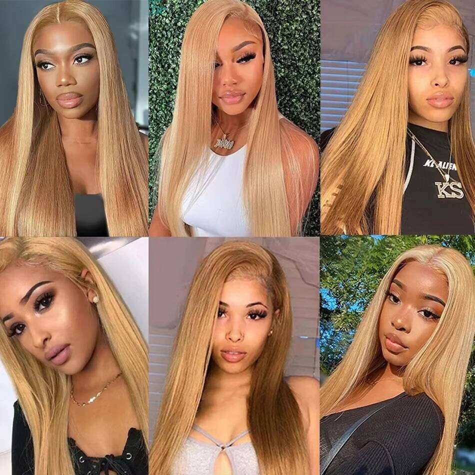 NAMM #27 Honey Blonde Human Hair Straight 13X6 Frontal Preplucked Wig 13x4 30 34 Inch Lace Front Colored Wigs For Women