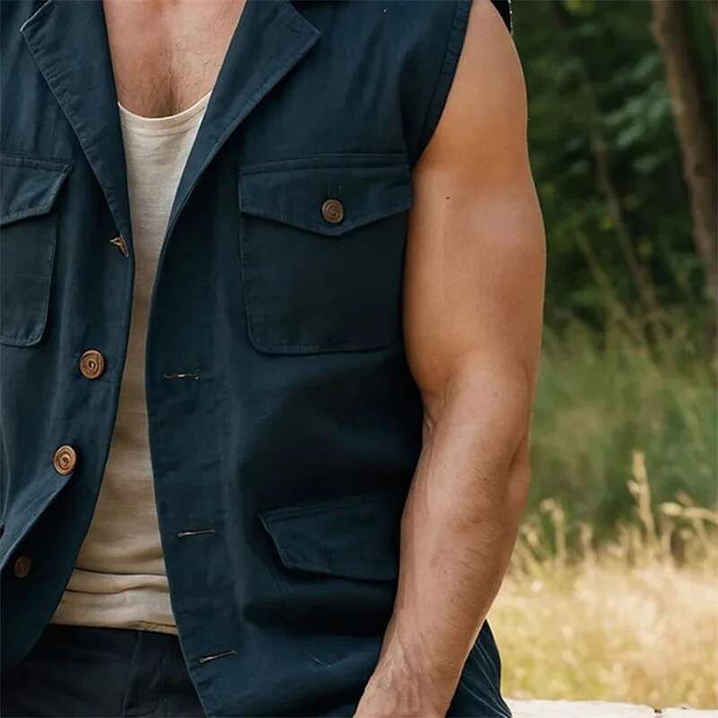 Mens Solid Color Sleeveless Button Down Tank Top with Turn Down Collar and Convenient Pockets for a Stylish Look