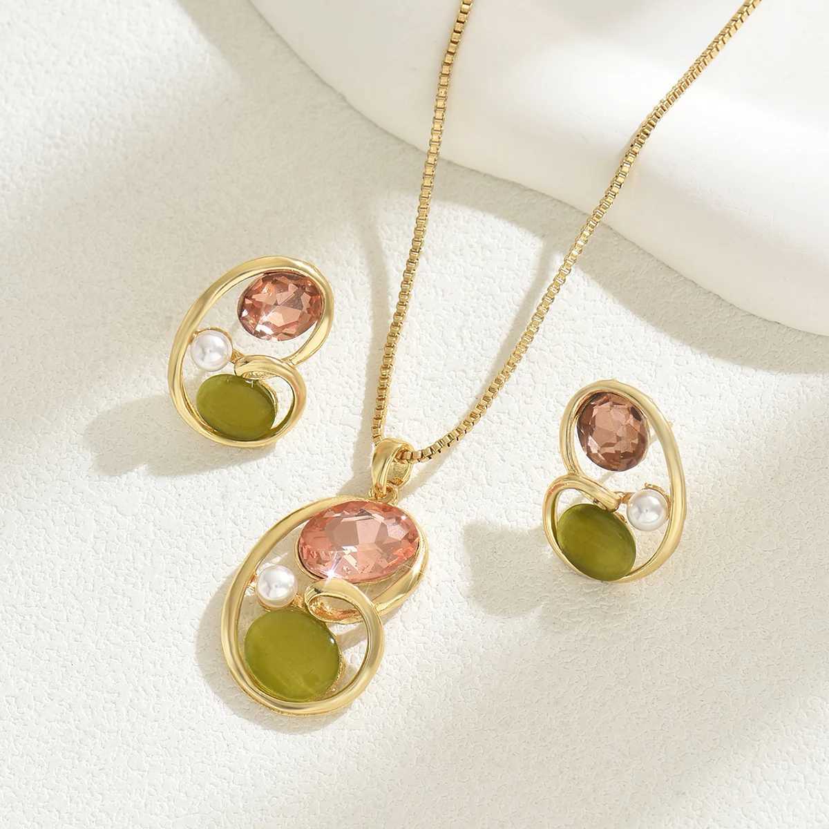 2 PCS Multicolor Crystal Stone Jewelry Set Womens Romantic Flower Pendant Necklace Stud Earrings Chic Birthday Gift For Girl Z250607