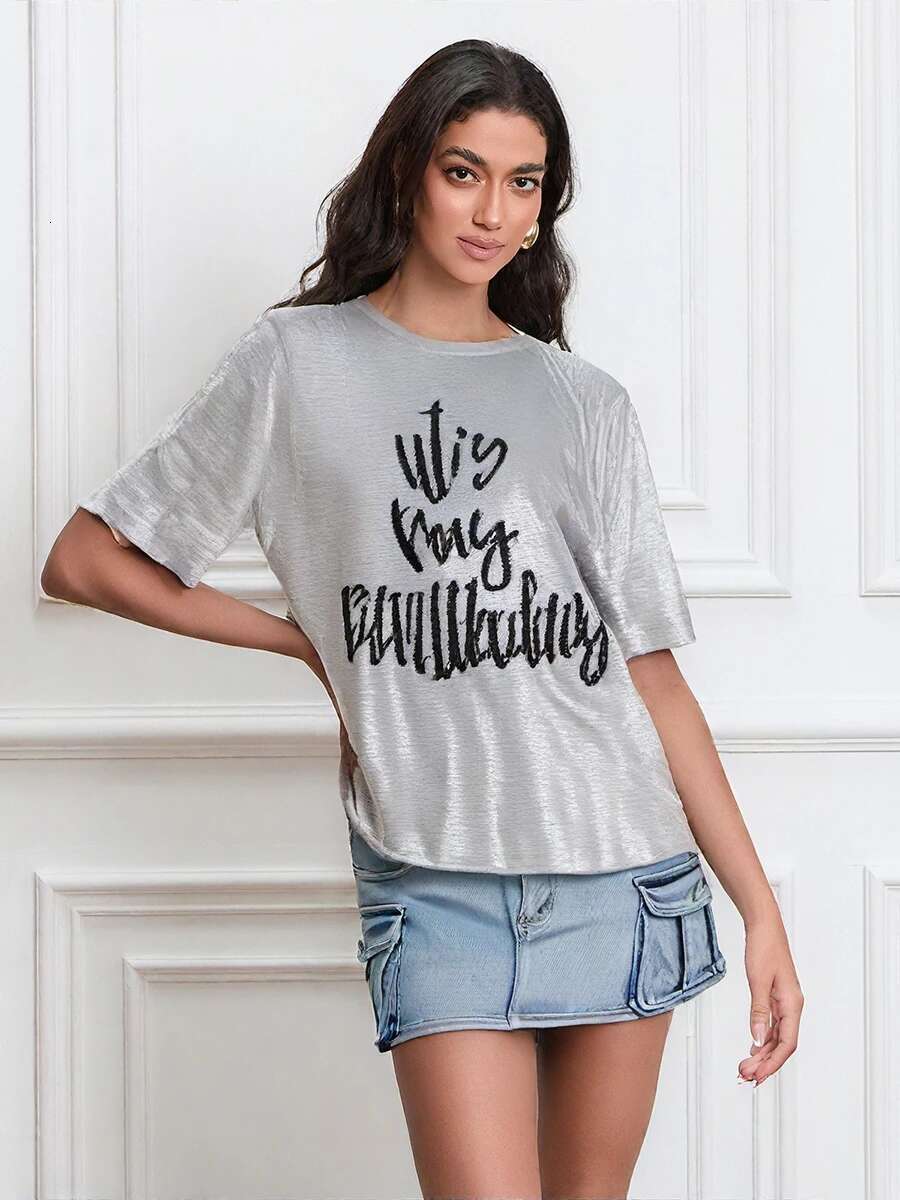 Sequin Embellished Short Sleeve Tunic Dress with Round Neckline and Oversized Fit Featuring Bold Letter Print for a