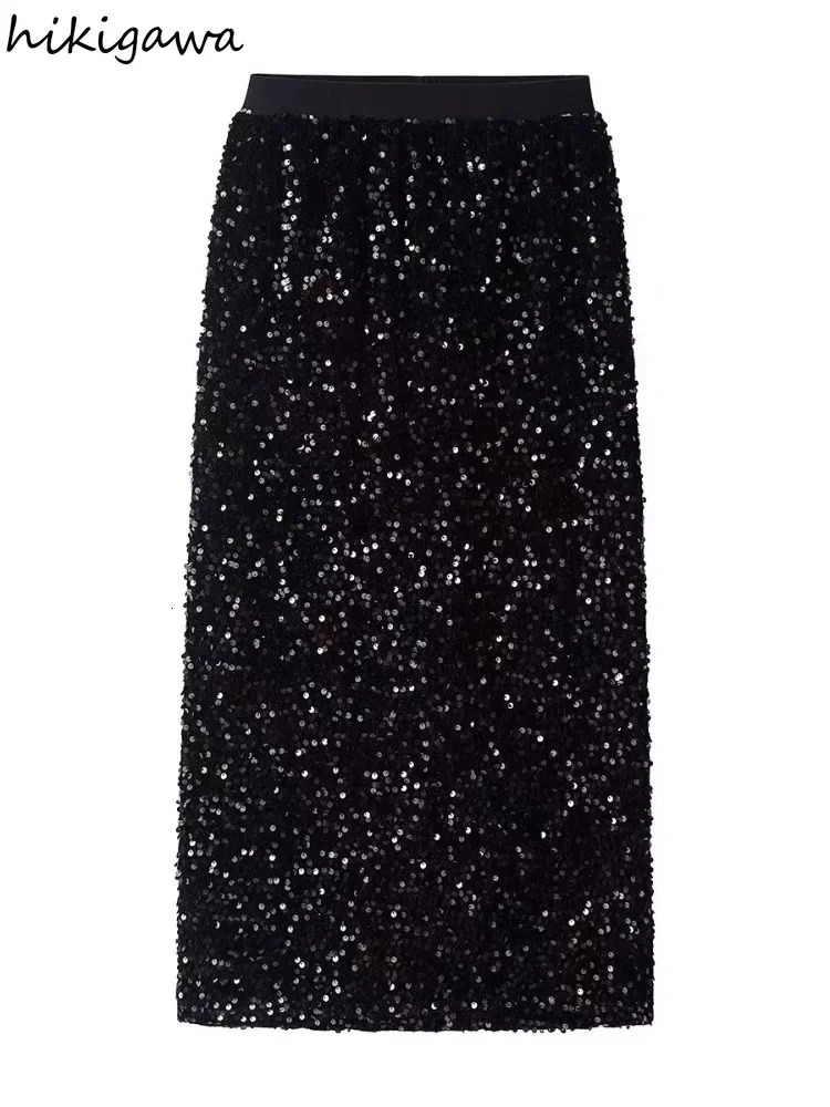Temperament Jupe Fashion Velvet Black Skirts for Women 2025 Faldas Mujer De Moda High Waist Chic Saia Sequin Bodycon Split Skirt 250529