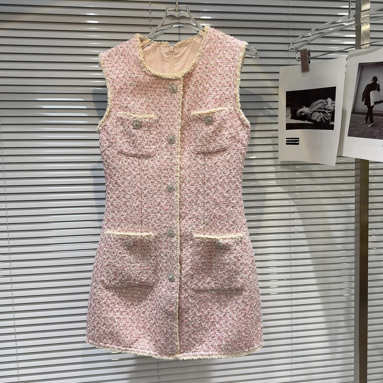 PREPOMP Autumn Arrival Sleeveless Rhinestone Buttons Tweed Short Tank Dress Women GS113 250603