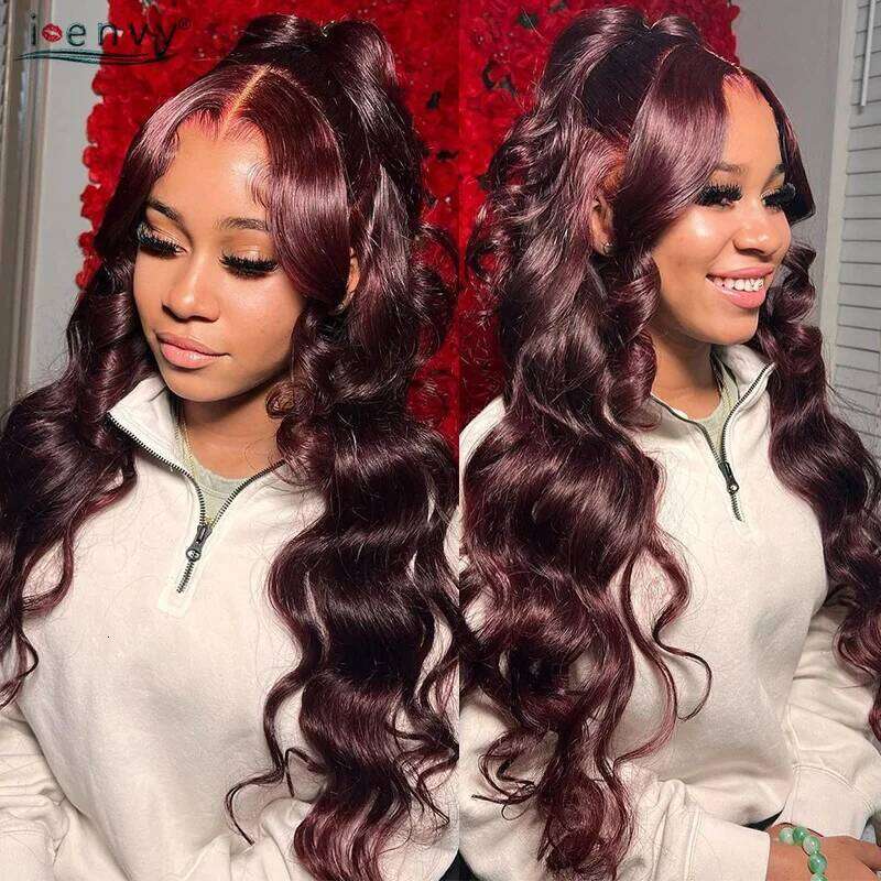 NAMM 13X4 HD Transparent Bury Red Human Hair Wigs PrePlucked 13X6 32Inch Body Wave Lace Front Wig For Women Curly