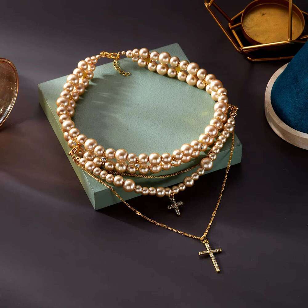 Multi-layer Imitation Pearl Beads for Women Wedding Cross Pendant Necklace Jewelry Accessories