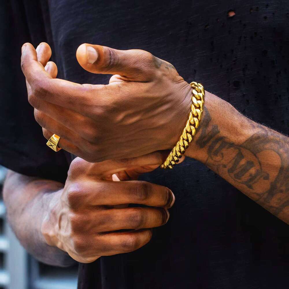 KRKC Hip Hop Jewelry Matte 8mm 10mm 12mm Gold-Plated Stainless Steel Miami Cuban Men's Chain