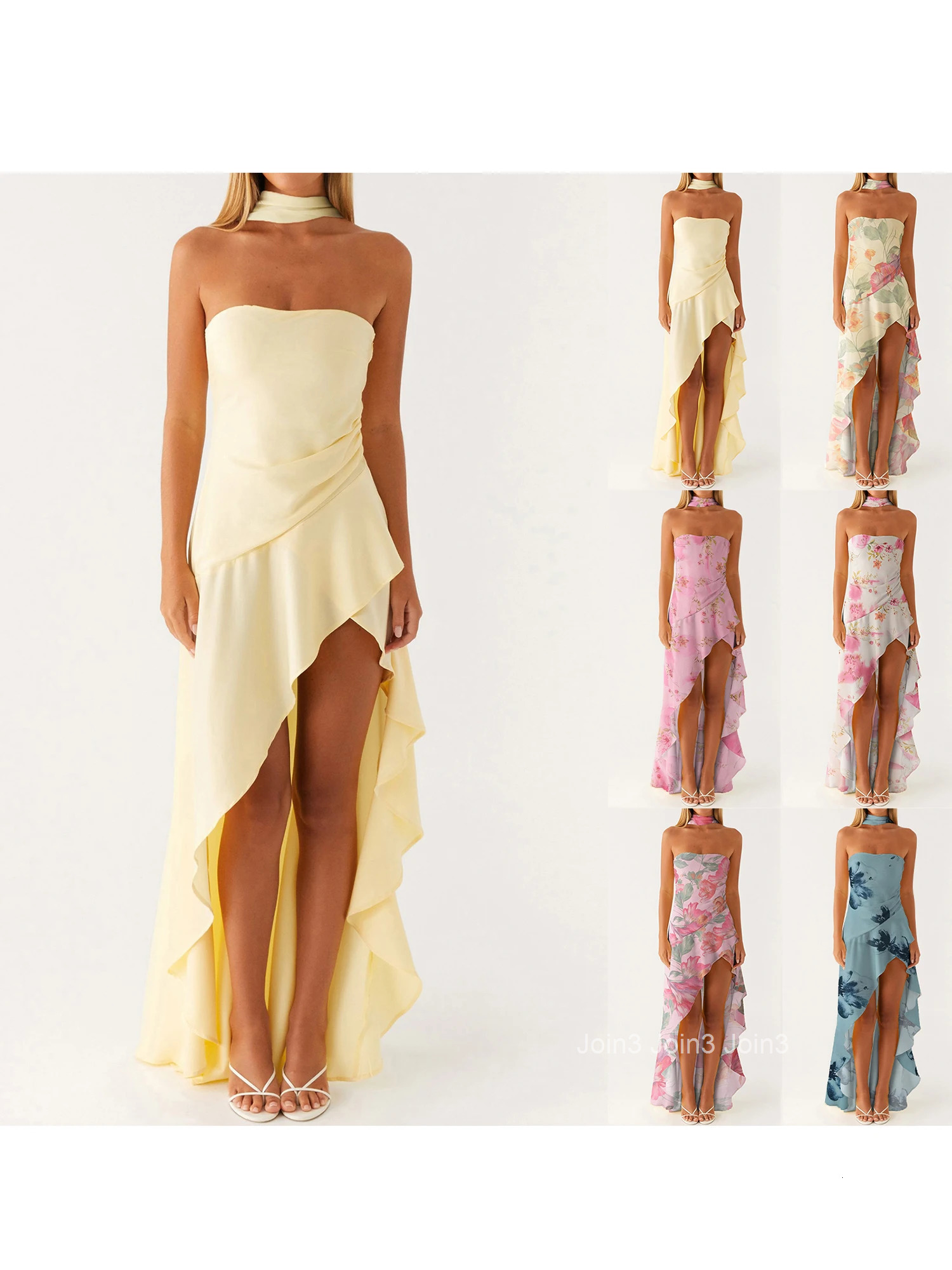 Womens Elegant Off-shoulder Maxi Dress with Floral Print and Ruffled Hemline Perfect for Summer Parties and Events