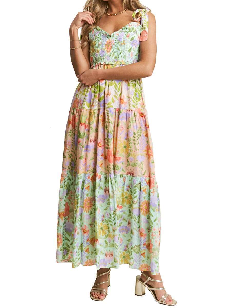 Womens Boho Floral Print Sleeveless Dress with Tie-up Straps and Backless Design Perfect for Summer Beach Parties and