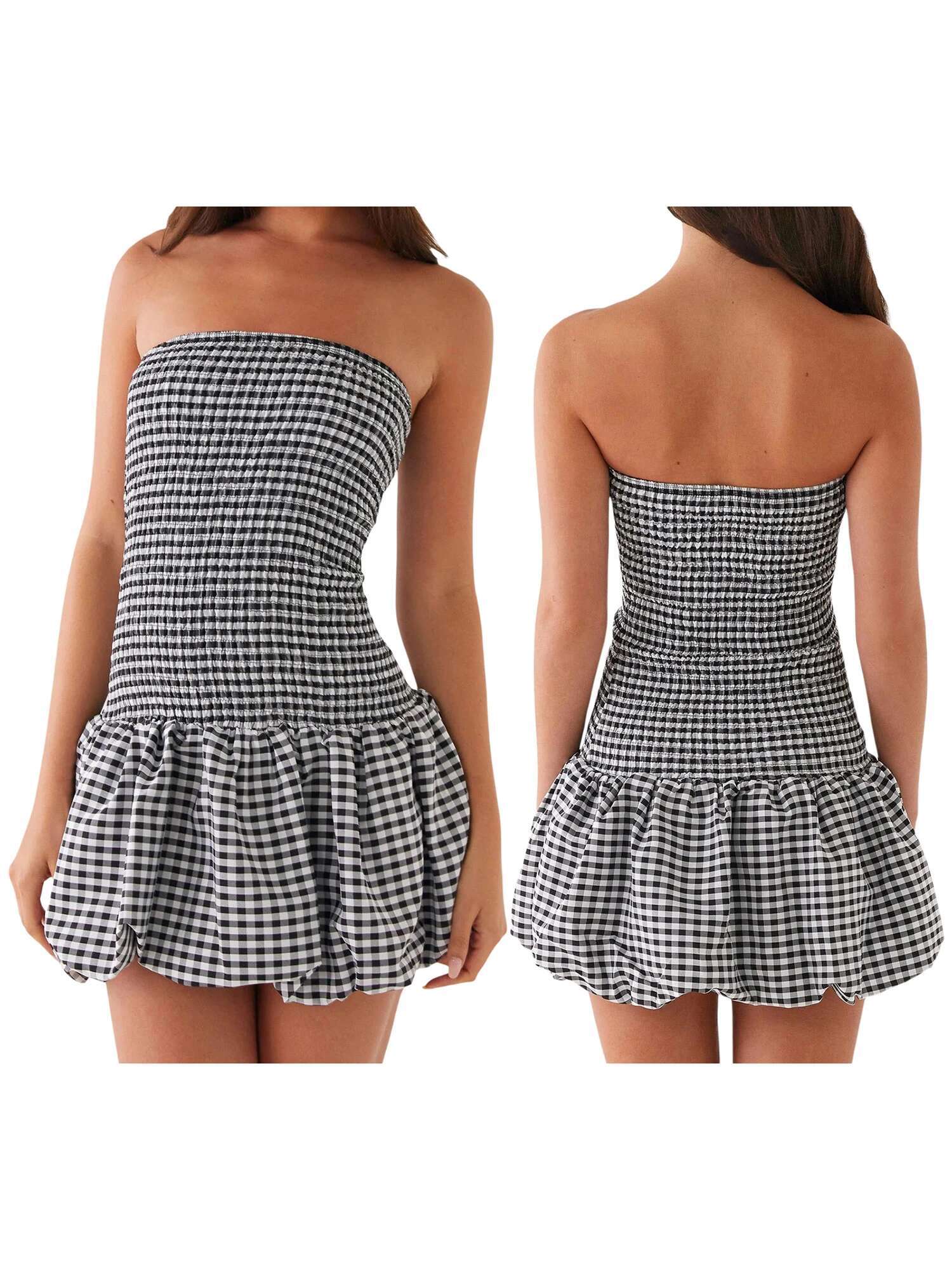 Womens Plaid Off Shoulder Mini Dress with Pufll Sleeves and Tube Top Design for a Stylish Look