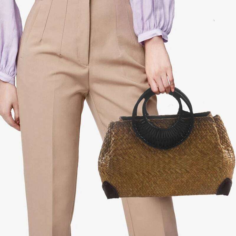 Women Straw Female Bamboo Summer Beach Weave Handbag Lady Handmade Vintage Wood Handle Bag Travel Knitted Totes Bags