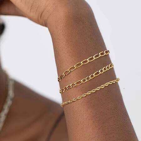 KRKC Plated 316L Stainless Steel Cuban Figaro Rope Chain Design Unisex Gold Bracelet