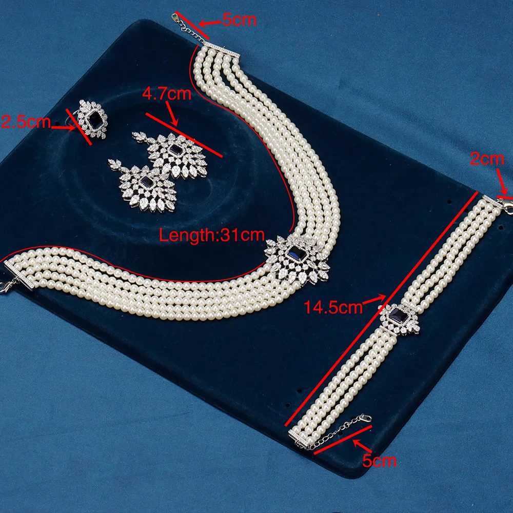 Gorgeous 5 Layered Imitation Pearl Choker with Pendant Necklaces Zircon 4PCS Jewelry Set for Women Wedding Z250607