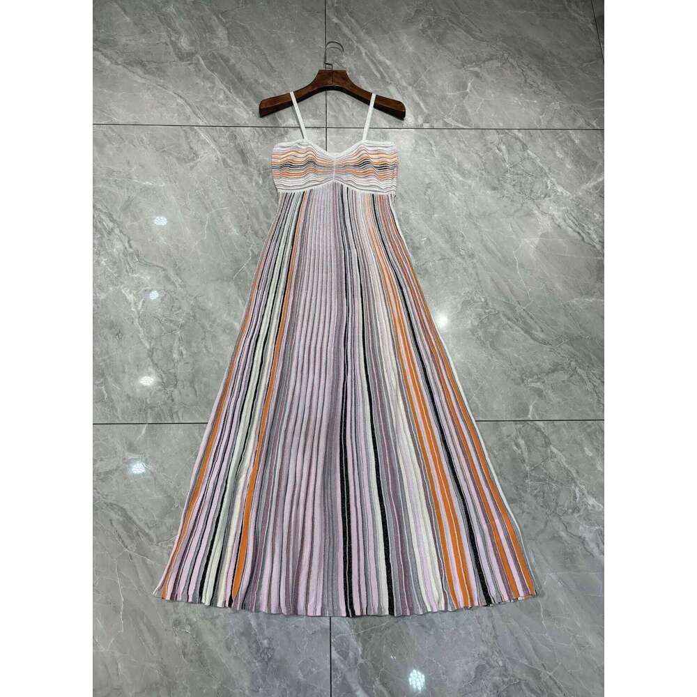 French Style Women Gold Thread Colored Striped V-Neck Knitted Long Fashion Lady High Waist A-Line Dress Female Prom Gown