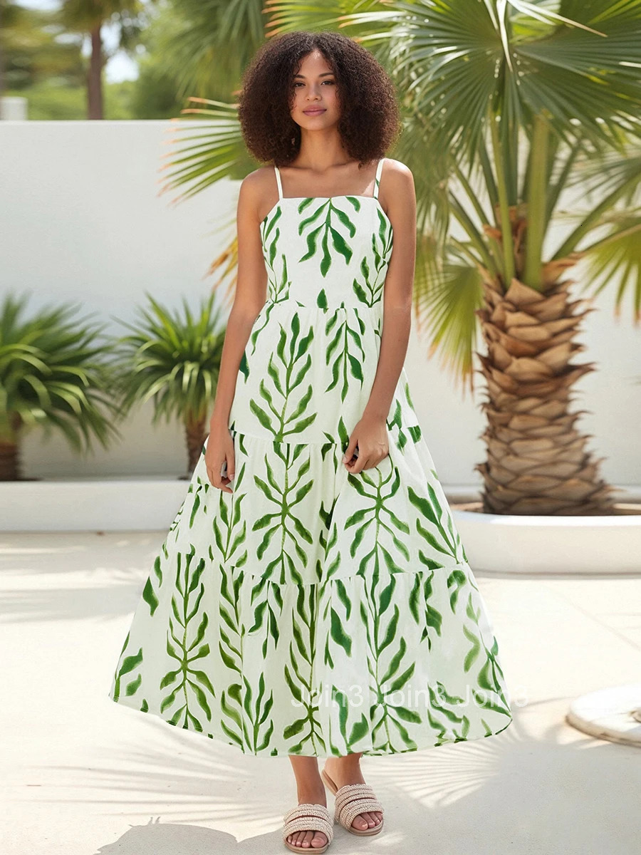 Floral Print Sleeveless Maxi Dress with Square Neckline and Tiered Ruffle Hem Backless A-line Cami Dress for Women