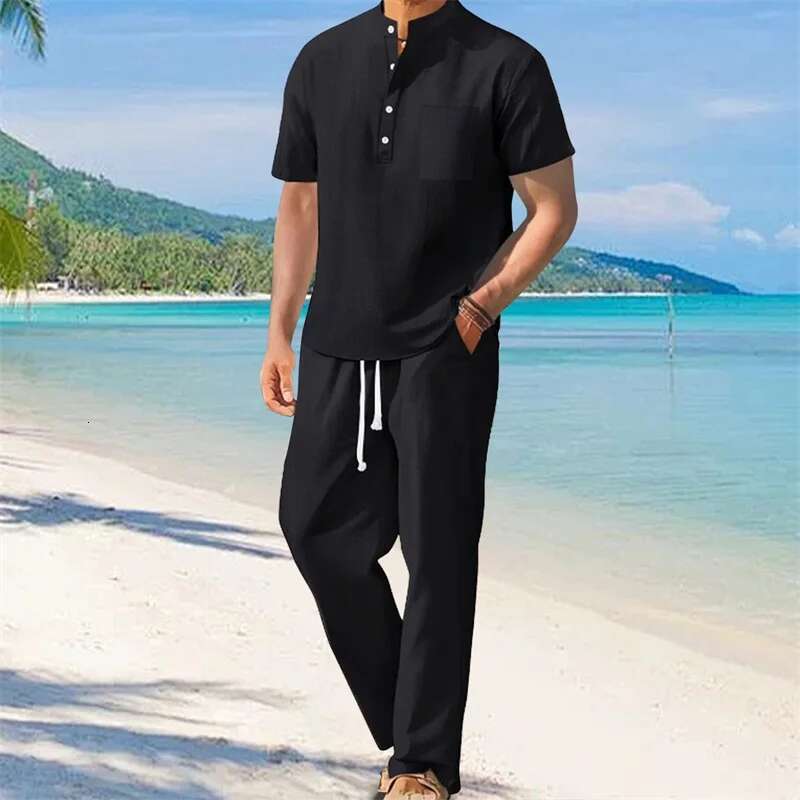 Mens Casual 2 Piece Outfit Short Sleeve Henley Tops with Drawstring Pants Loose Solid Color Set for a Stylish Look