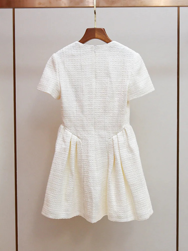 Crystal Short Sleeve Tweed Dress Women Summer Autumn Single Breasted Diamonds Button Mini Prom Party Dresses 250603