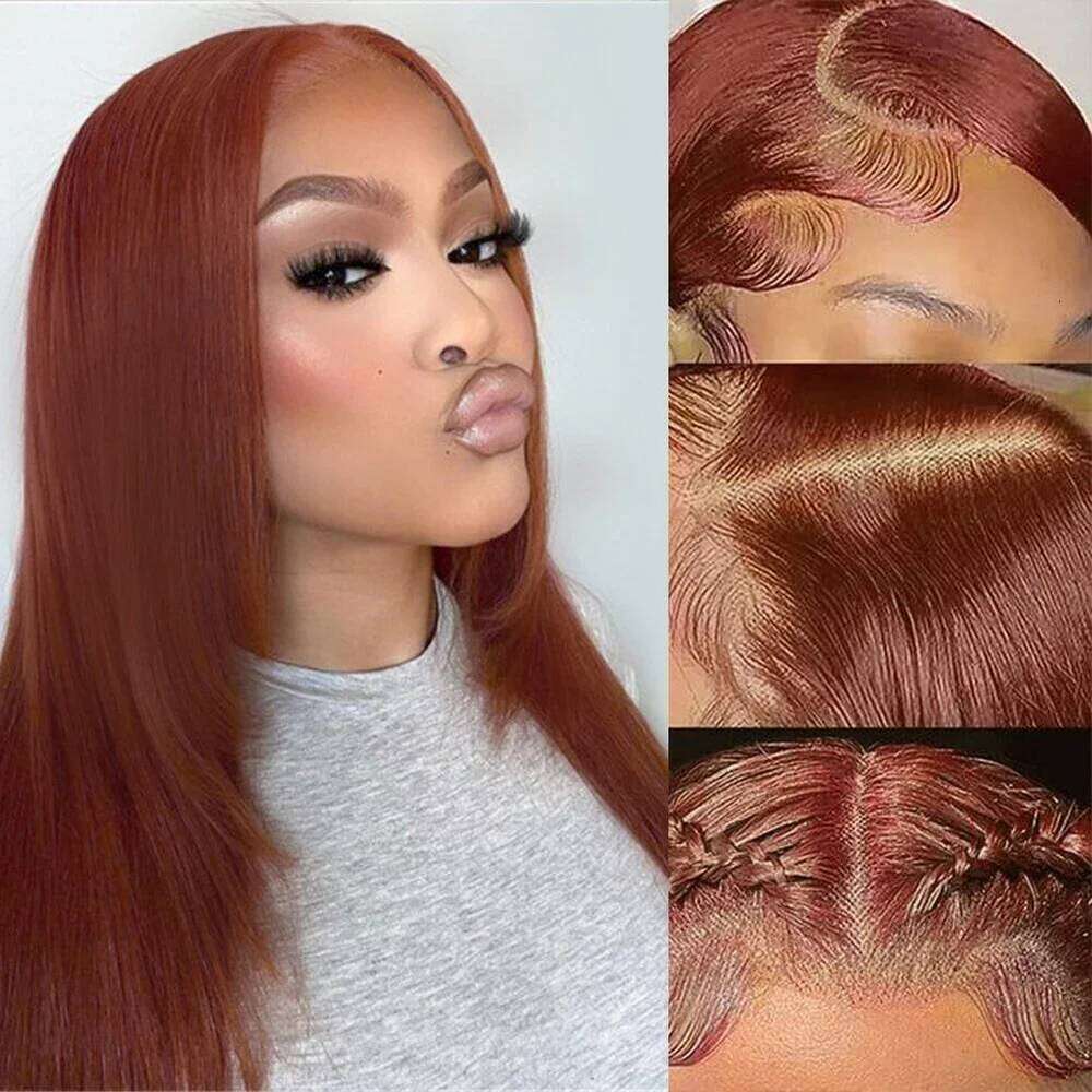 NAMM HD Straight Front Wig Reddish Brown Layered Cut Lace Copper Red Synthetic Butterfly Haircut Glueless Wigs