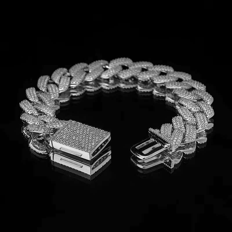 Hip Hop 925 Sterling Silver Men's Miami Shiny Moissanite Cuban Link Bracelet Custom 16mm Moissanite Linkracelet