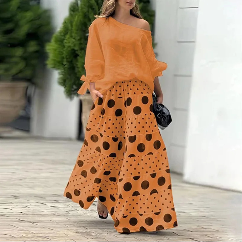 Spring Summer Elegant Fashion Print Womens Set Two-piece Casual One-Neck Off-Shoulder Long-Sleeve Solid Top Loose Culottes Suit 250605