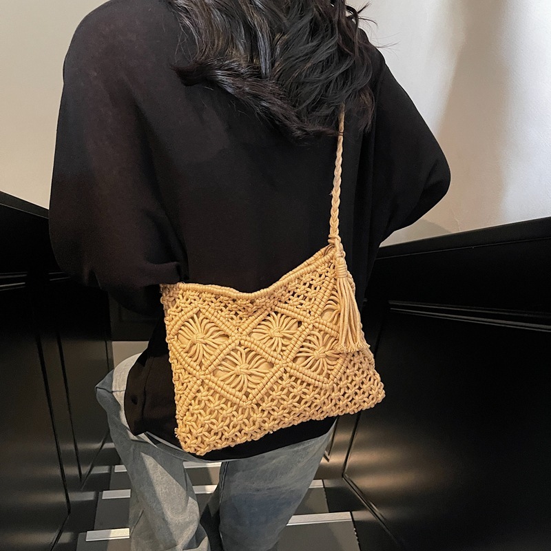 designer Korean Style Mori Handmade Cotton Rope Tassel Woven Bag 2025 Summer New Single Shoulder Crossbody Straw Bag Casual Women's Bag