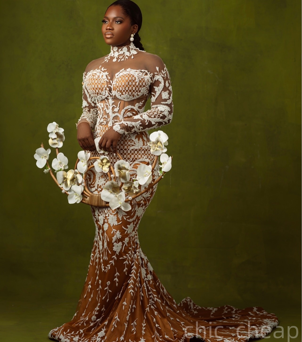 2025 Arabic Aso Ebi Plus Size Ivory Mermaid Wedding Dresses Illusion Lace Sheer Neck Full Sleeves Vintage Bridal Gowns Dress ZJ205