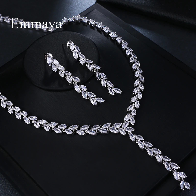 Emmaya Trendy Jewelry Romantic Salix leaf White Gold Color AAA Cubic Zircon Wedding Jewelry Sets For Brides Jewelry Gift 250530