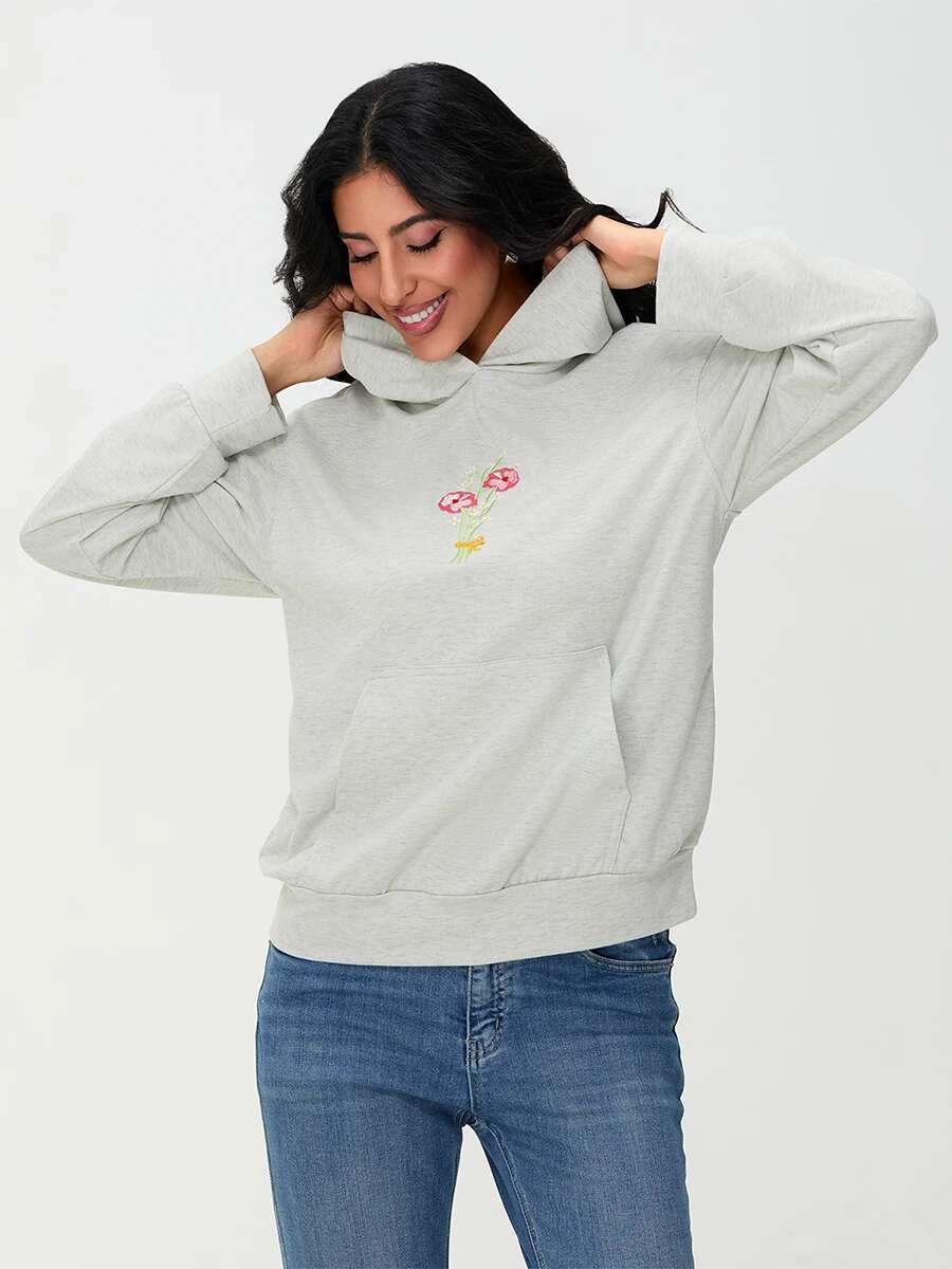 Womens Casual Pullover Hoodies Long Sleeve Floral Print Loose Sweatshirts Streetwear Tops with Embroidered Letters