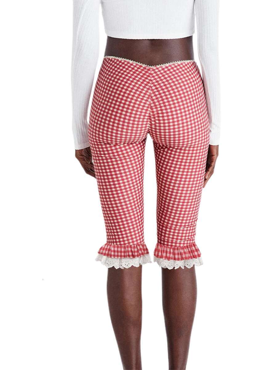 Womens Plaid Pants with Lace Ruffles and Stretchy Cropped Leggings for Summer Casual Wear