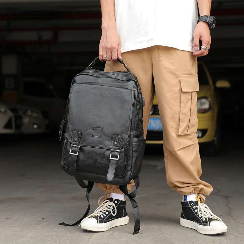 Fashion Design Men Waterproof 15 Inch Laptop Solid PU Leather Backpack Male Business Casual Back Bag Mochila