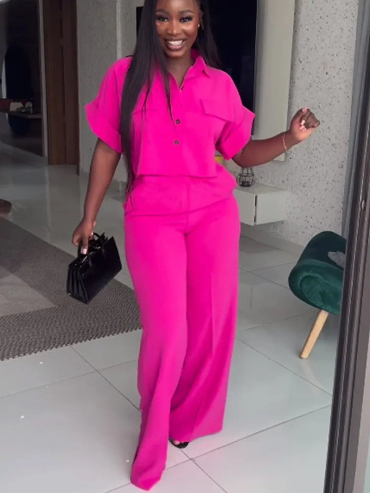 Womens Two-piece Set Spring Summer Style Lapel Short-sleeved Shirt High Waist Wide Leg Trousers Casual Suit Women Clothing 250605