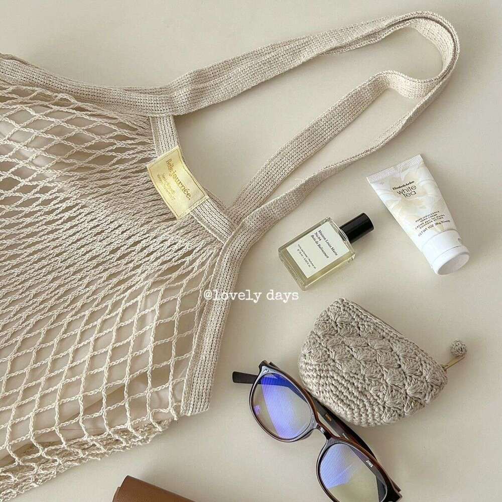 Trending MUJI Style Cotton Summer Woven Hollow Handbag Unique Design Mesh Bag for Women