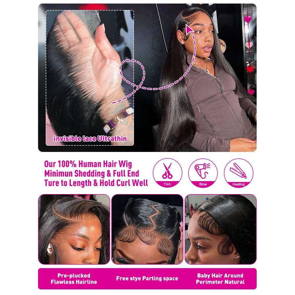 NAMM Luvin 250 300 Density 13x4 13x6 Bone Straight HD Transparent Front Human Hair Wig 30 40 Inch Pre Plucked Lace Frontal Wigs