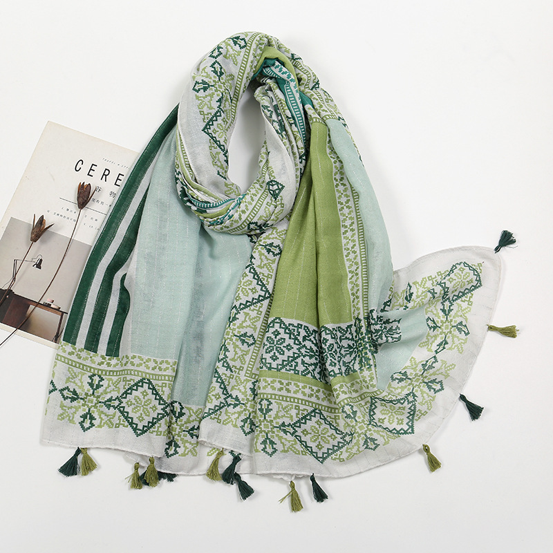 K953 Spring and summer new cotton and linen feel hanging beard tassel long scarf ethnic style pixel printing polyester beautiful shawl female