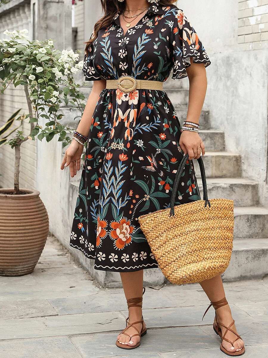 Women Plus Size V-neck Maxi Dress Elegant Floral Print Short Sleeve Bohemian Party Dress for Summer Beach Wedding Guest
