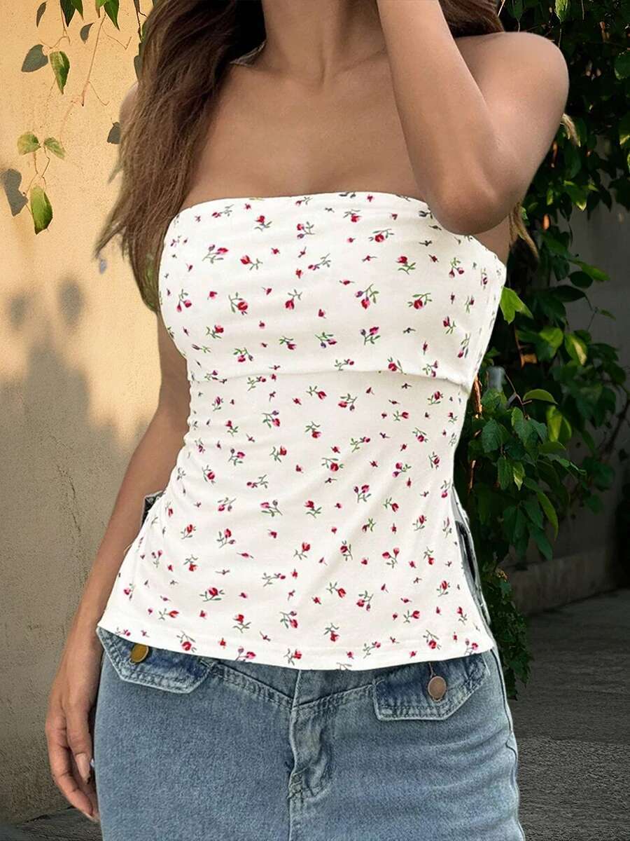 Womens Off Shoulder Ruffle Crop Tops Floral Print Strapless Tube Tops Sleeveless Bandeau Casual Shirts Summer Blouses